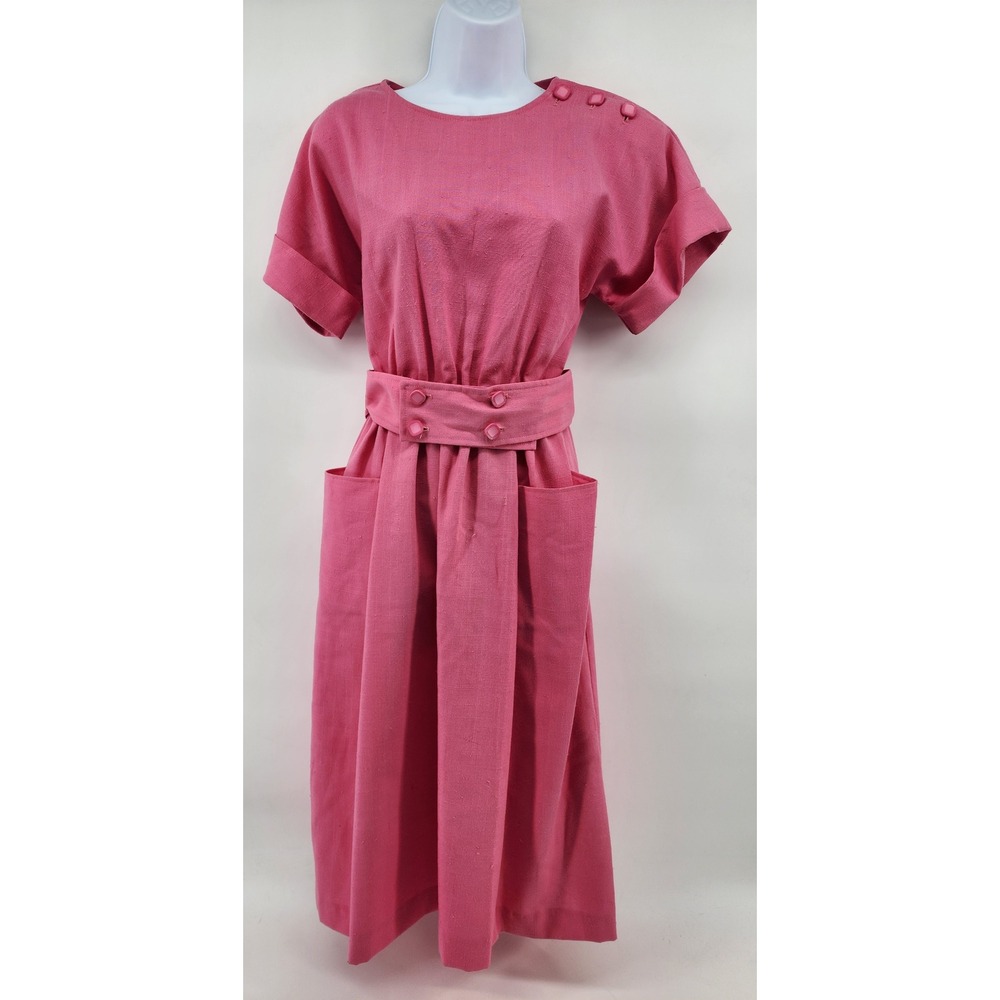 Melissa Petites Vintage 80s Pink Button Shoulder Belted Midi Dress Womens Size 6